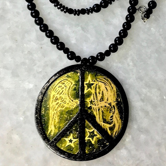 Peace Handcrafted Brass/Copper mixed metal on gemstone beaded necklace 20-22β - Picture 2 of 16